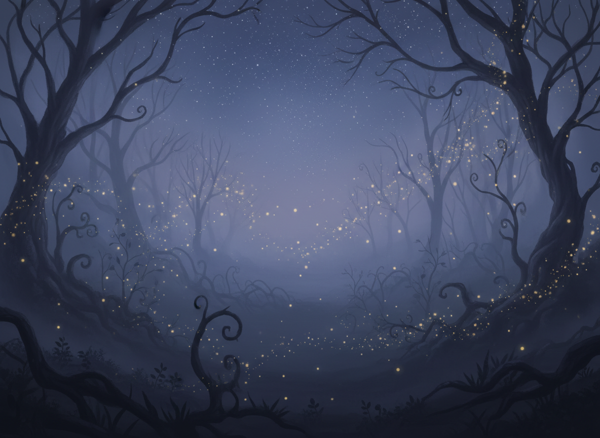 A subtle, whimsical magical background for an author book catalogue homepage: a dreamy twilight woodland atmosphere with faint golden firefly-like lights, soft mist, delicate stars and barely visible curling branches, elegant and cinematic, low contrast, muted deep blue and dusky lavender tones, plenty of calm darker negative space for readable white text, refined rather than childish, no people, no objects, no words, no book covers, designed as a full-bleed website hero background that supports and never overpowers the site's information.