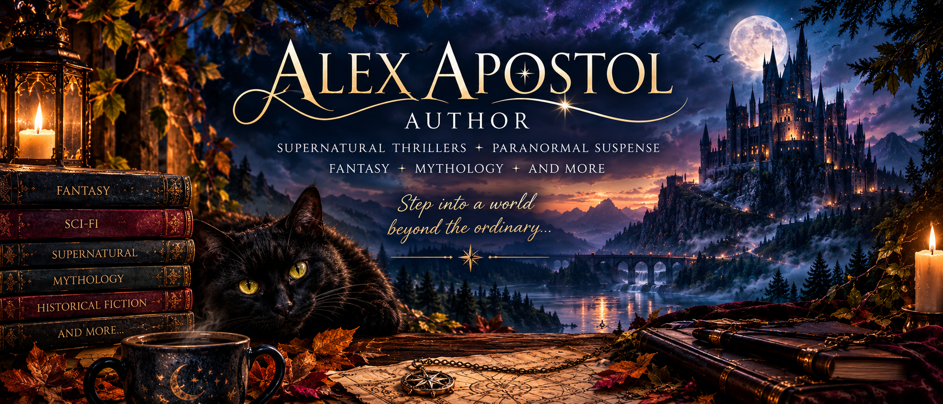 Apostol’s Castle of Shadows website banner featuring Alex Apostol, a moonlit castle, books, and a black cat